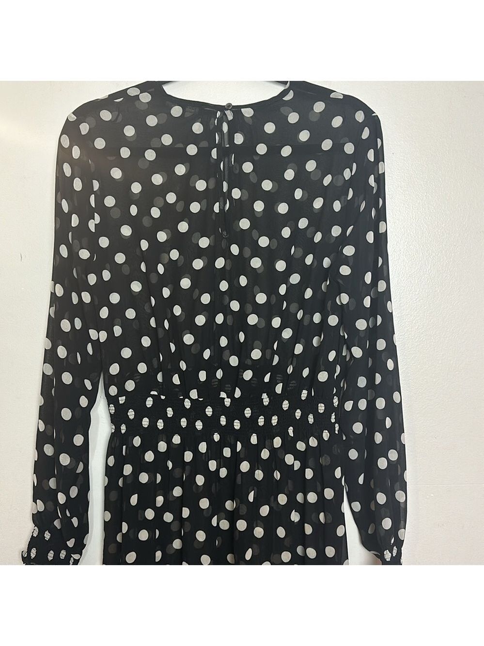 Olivaceous Polka Dot Smocked Waist Sheer Dress with Black Under Slip - Picture 11 of 14
